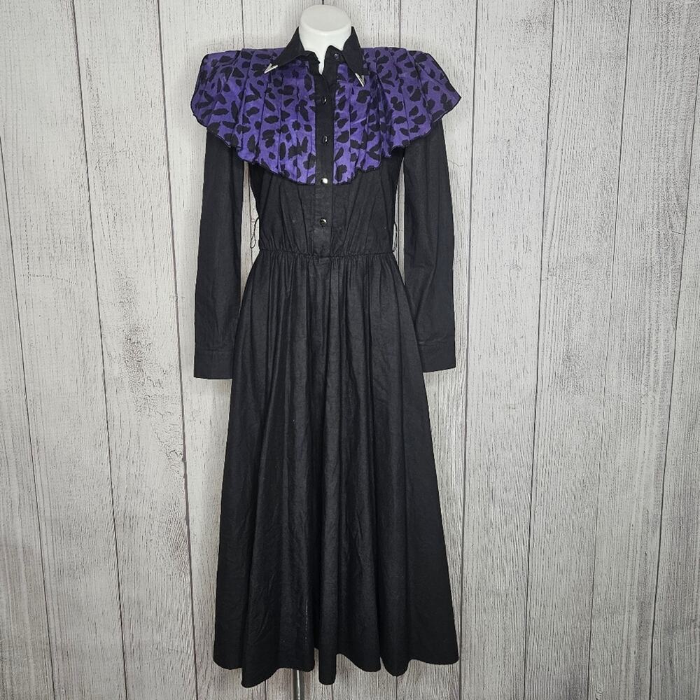 Vintage Lilia Smitty Black Western Dress Purple Print Yoke Shirt Dress, sz Small